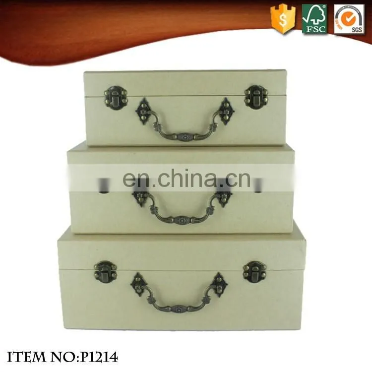 Decorative pure color Kraft Paper Cardboard antique metal handles Suitcase storage box