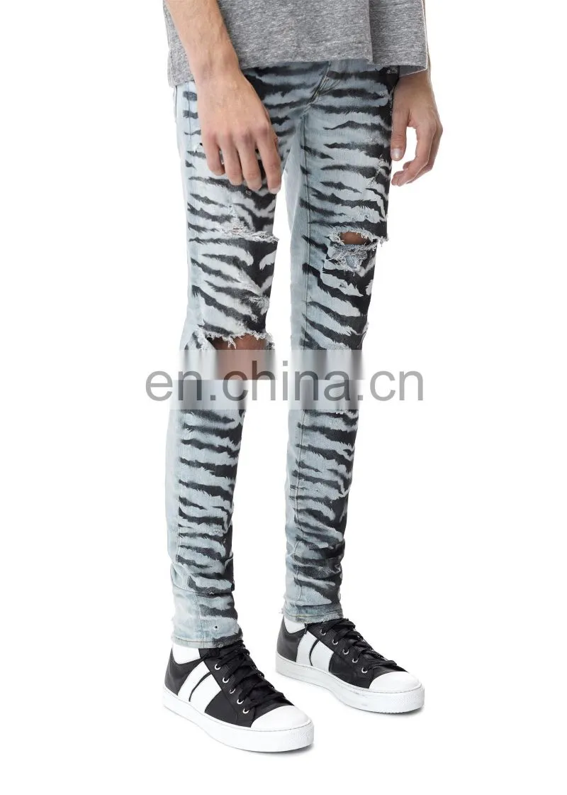 DiZNEW Tiger Pattern Destruction Skinny Denim Jeans Men for Male