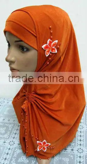 A569 Stylish islamic headscarf HEJAB pearl beaded flower two pieces LONG MUSLIM HIJAB