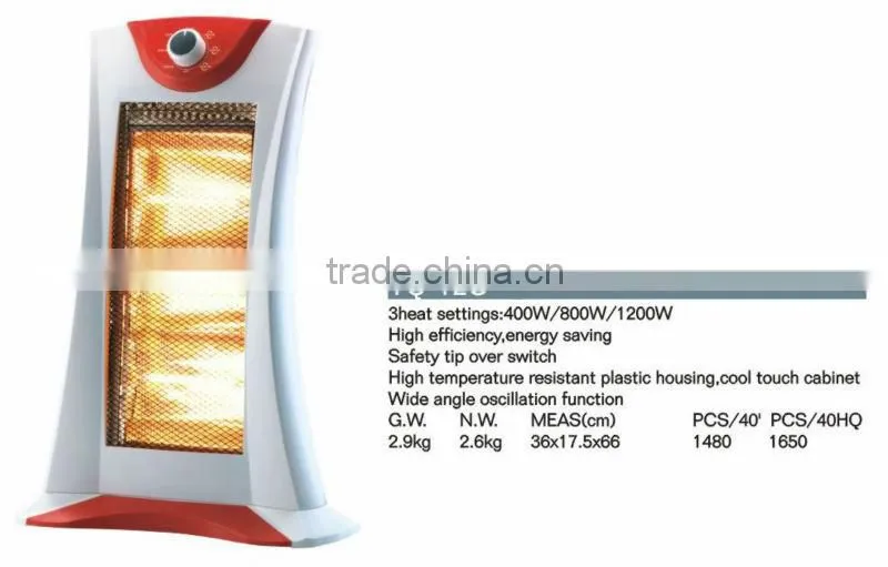 3heat settings 1200W wide angle oscillating function safety tip over swtich electric halogen heater