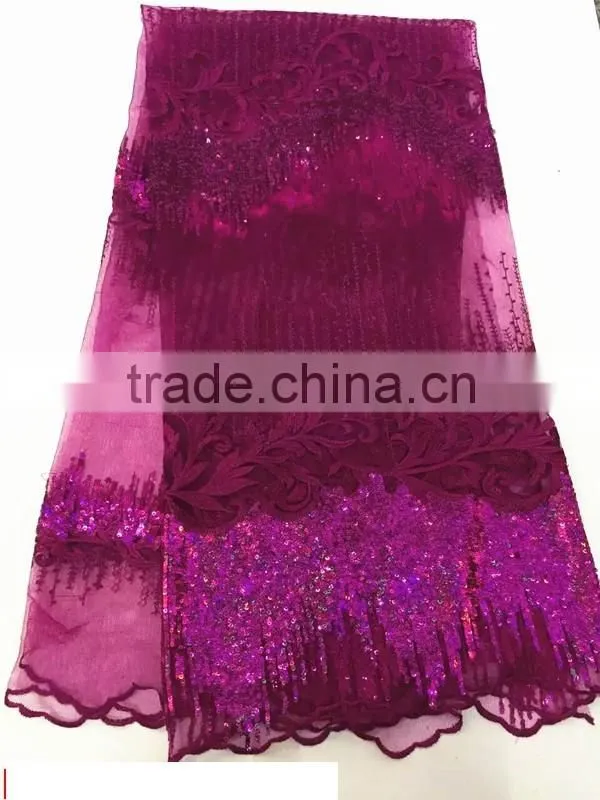 wholesale fushia embroidered african lace fabrics french sequined lace dress fabric with muiti color sequin