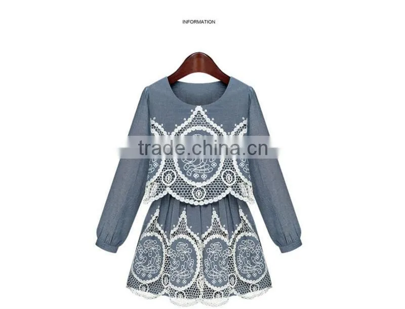 2015 fashion high quality New Arrival hot sale new ladies denim hollow out dress crochet lace pattern denim dress