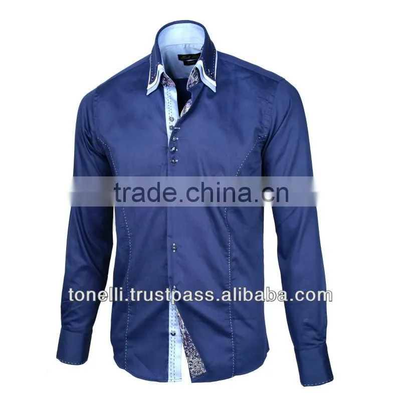 Triple Collar Navy Blue Dress Shirts