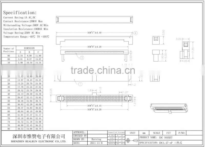 China factory 1.27*2.54mm pitch IDC Socket Connector