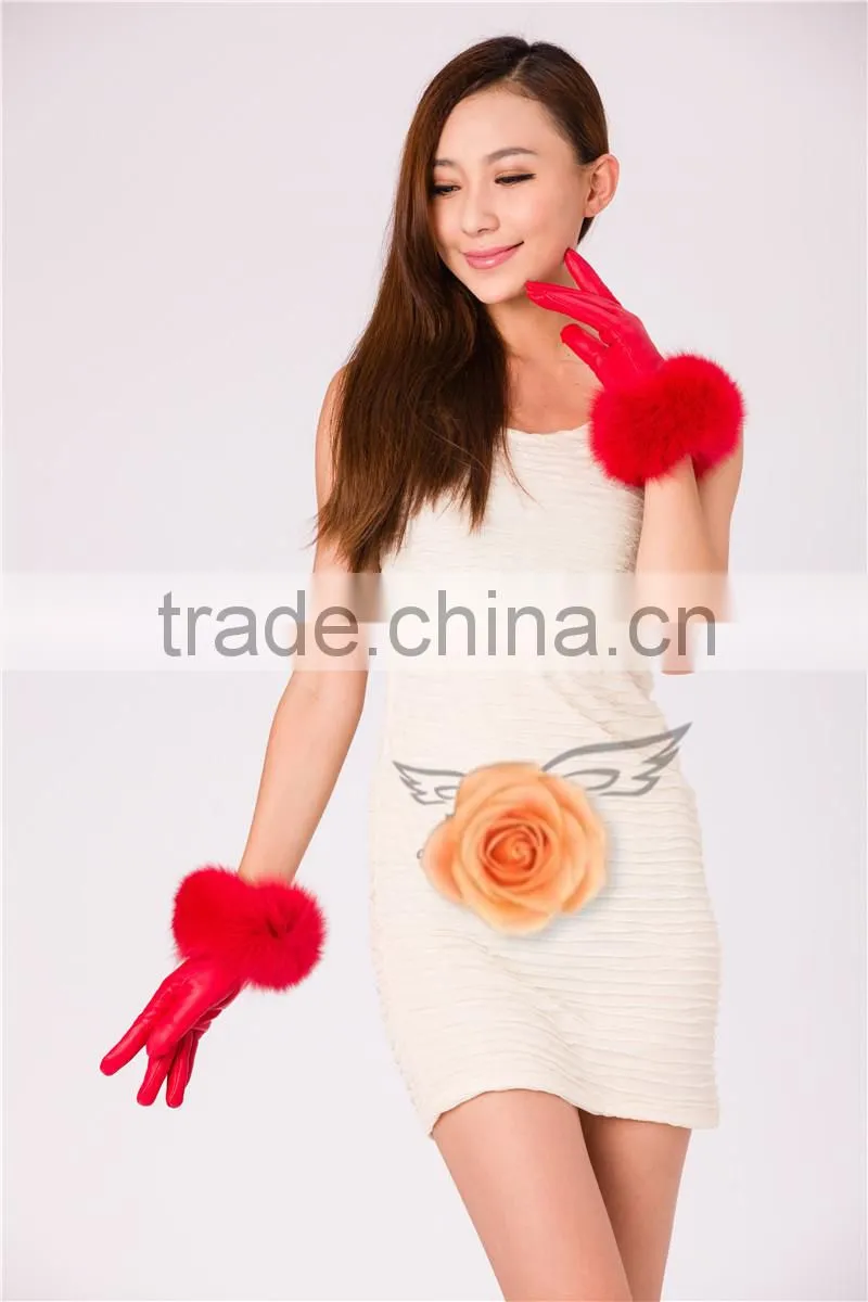 Cheap Cute Fashion Winter Warm Mittens Gloves Lamb Leather With Fox Fur Trimmings