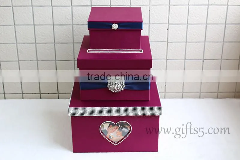 Elegant purple wedding card box in handmade with photo frame