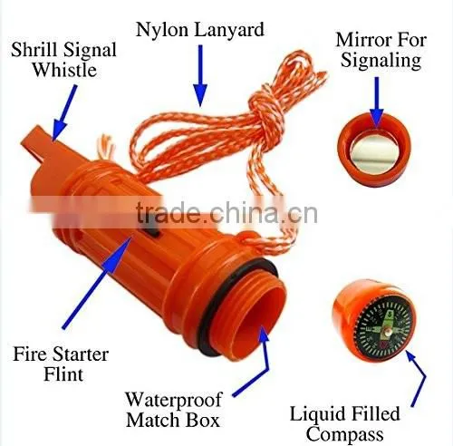 Multi Functions 5 in 1 Survival Kits whistle Compass Outdoor Safety Emergency With Flint Capsule Mirror