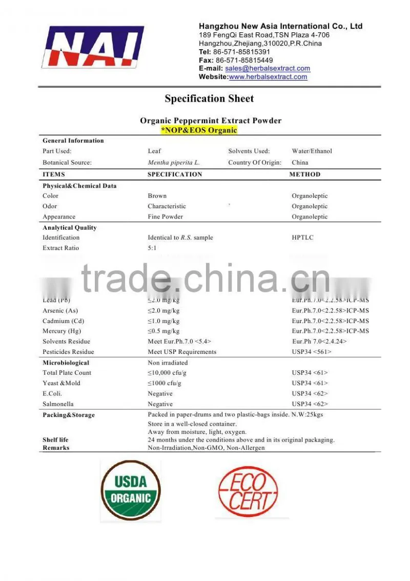 Organic Pepper Mint Extract Powder,NOP EOS Organic,100% ID,Non-Irradiation,Low Contaminants of Aflatoxin,PAHs,Heavy Metal