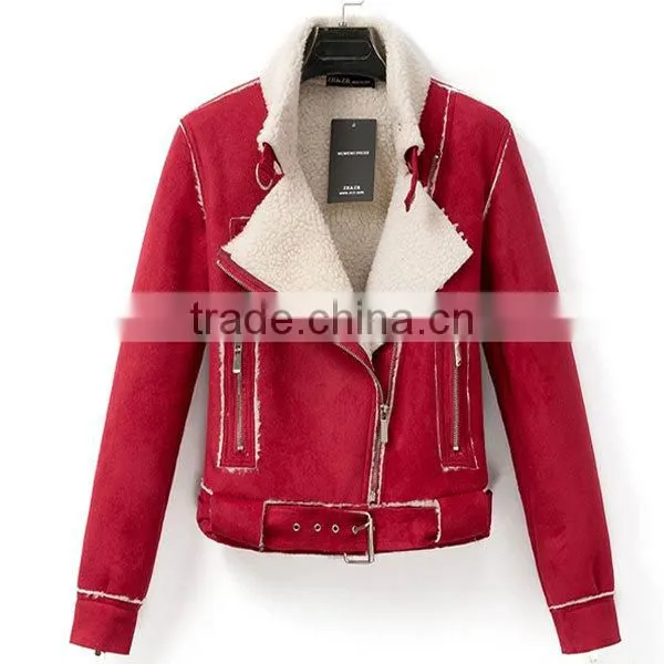 Factory supply thick shearling red women biker jacket