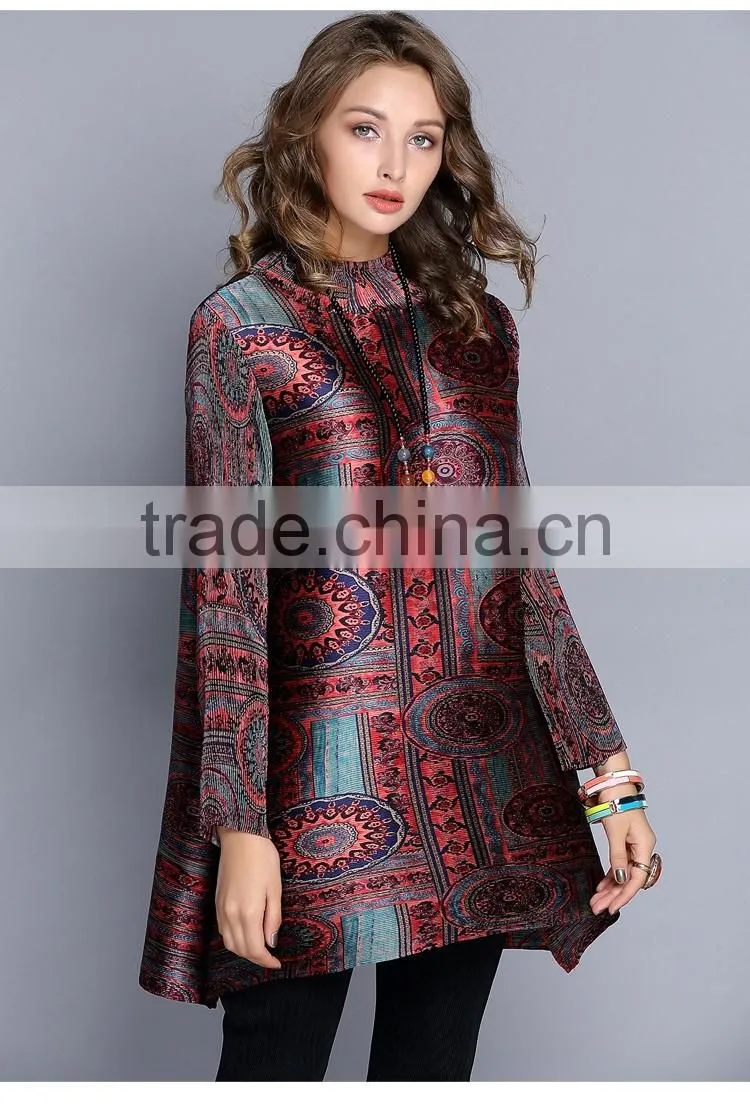 Women drape vintage printed retro style long sleeve dresses