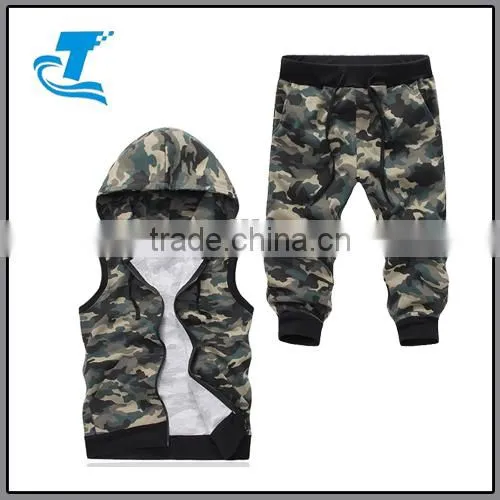 Spring Sleeveless Camo Hoody Cropped Men Sports Suit