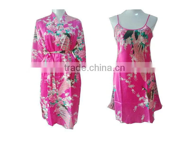 Summer Two pieces Woman long Satin bathrobe Kimono Robes PC046