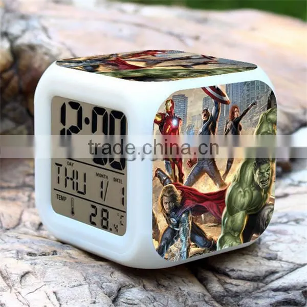 Hot selling digital clocks for kids Superhero Green-man alarm clock colorful LED clocks for sale