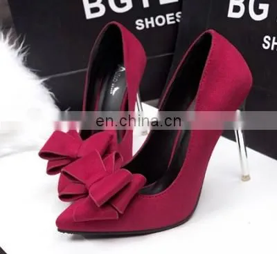 2015 New Office Ladies Red/Green/Black Color Shallow Mouth Bow Pointed Plus Size High Heel Shoes Fashion Suede Heels
