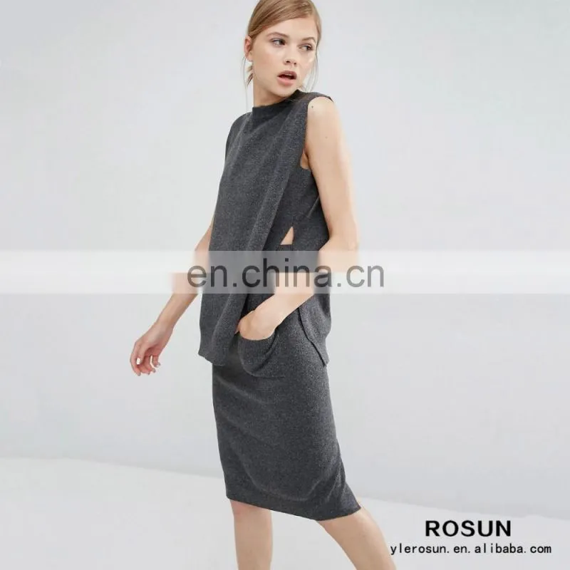 European Style Ladies Sleeveless Knitted Sweater Suit