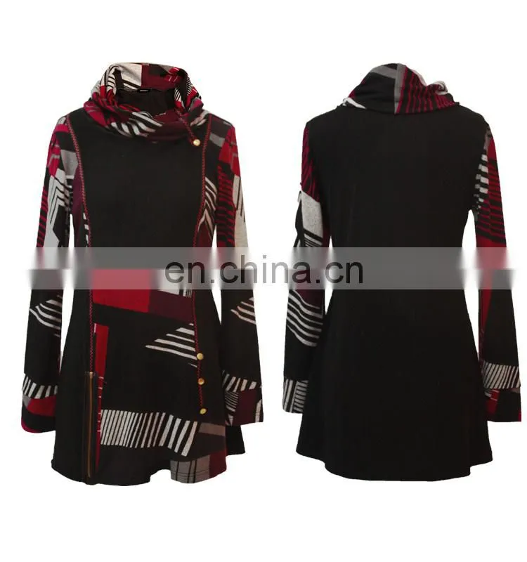 Latest Fashion Blouse Design High Neck Geometric Printed Patchwork Tunic Top
