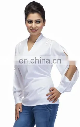 Blusas Femininas New Design Hot Summer Latest Stylish Sexy Sleeve Collar Neck Ivory Polyester Crepe Blouse Top For Ladies Women