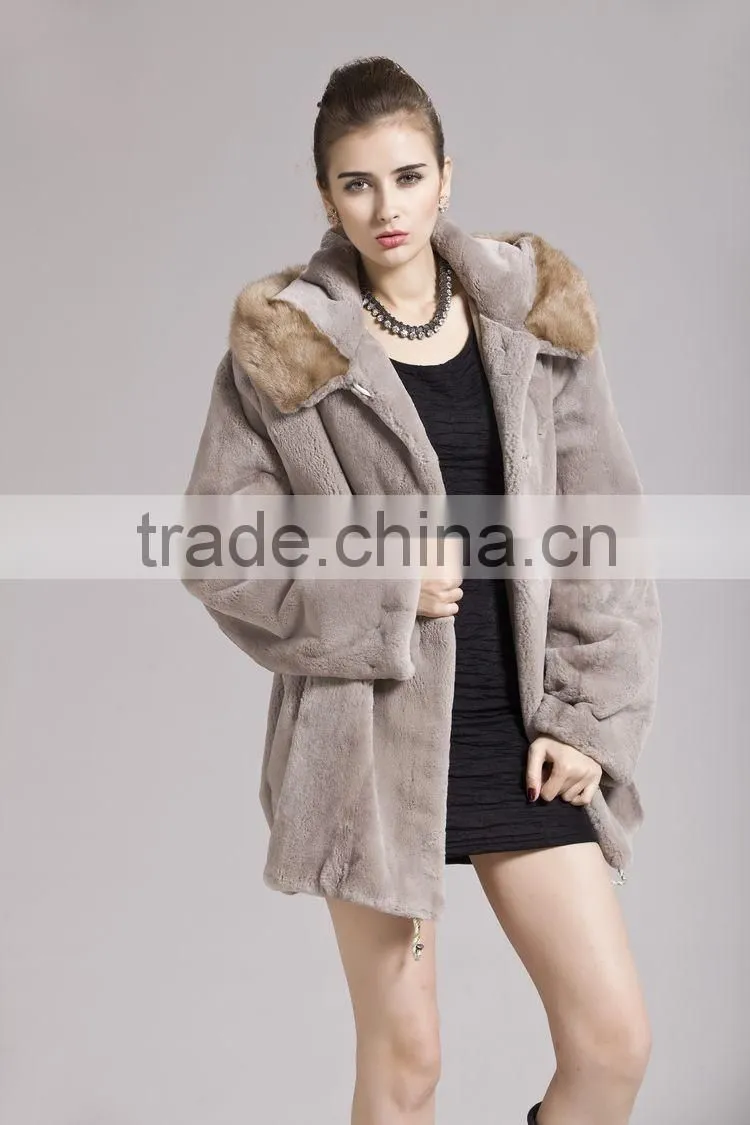 QD29281 Fashionable Europe Styles Raccoon Fur Collar Rex Rabbit Fur Coat For Sale
