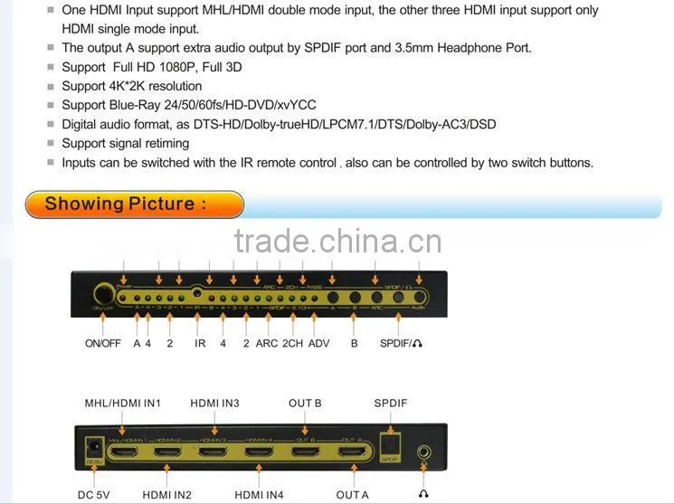 Real HDMI 1.4v 4 in 2 out HDMI matrix with HDMI Audio Extractor