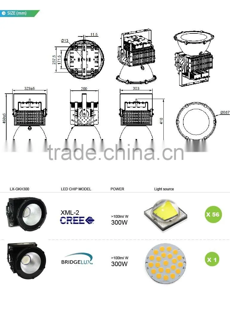Sports Lights, Copper Heat Pipe Design, Meanwell Driver, 5 Years Warranty, CE ROHS Approved, 300W Industrial LED Lighting