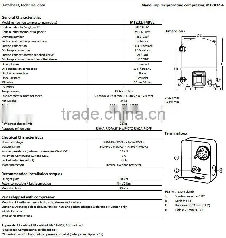 (MTZ032-4)Maneurop reciprocating piston compressors MTZ Series