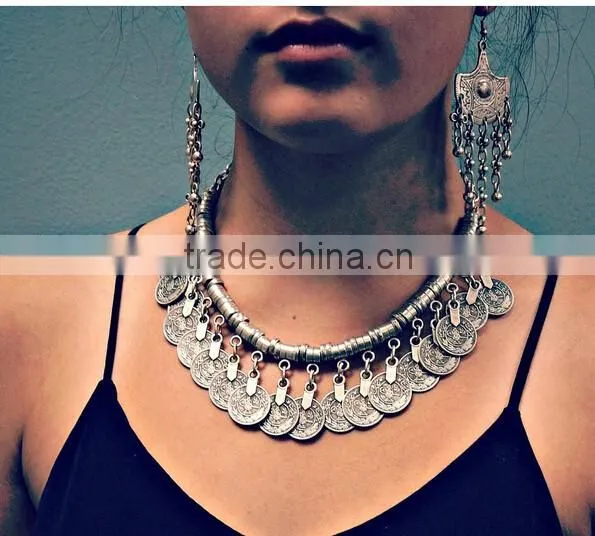 Chunky Punk Tribal Retro Antique Silver Coins Plated Alloy Bib Choker Necklace