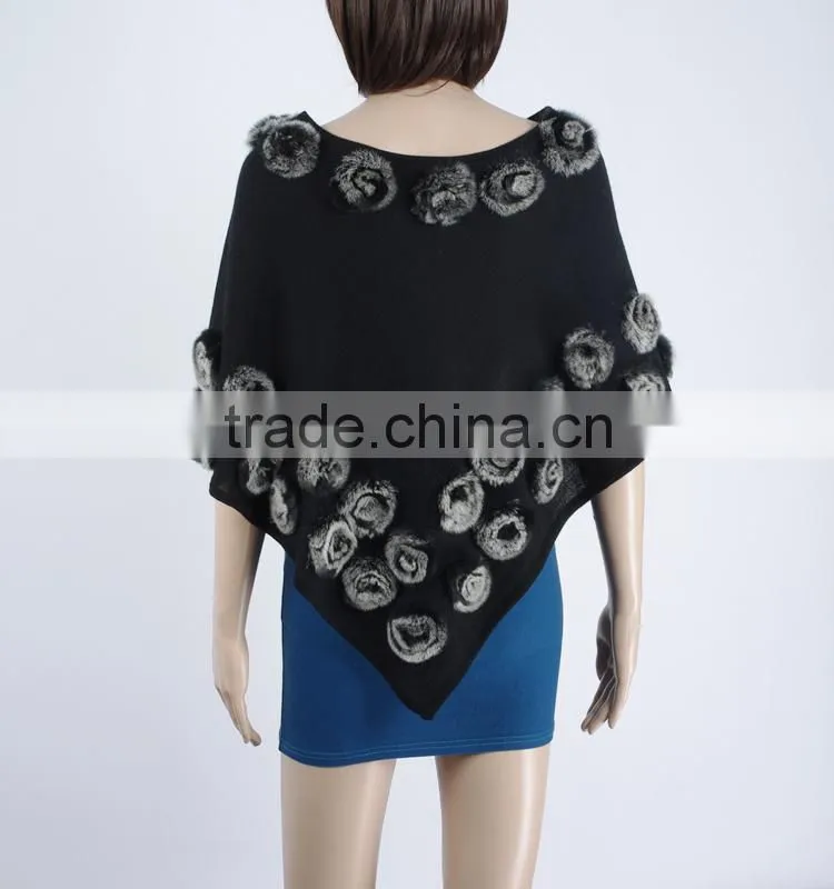 Ladies wool knitting cape with rabbit small flowers,KZ150018