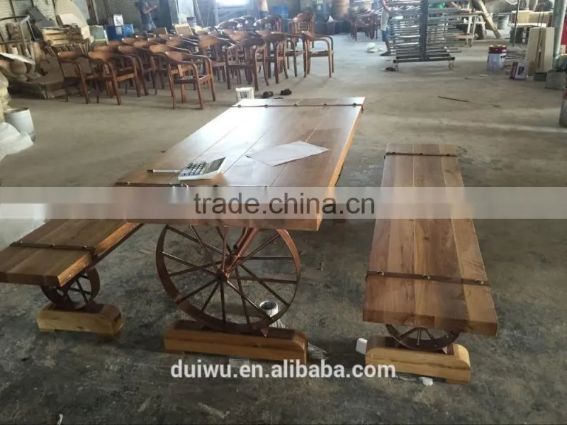 New design restaurant wooden set ornamental iron industrial table