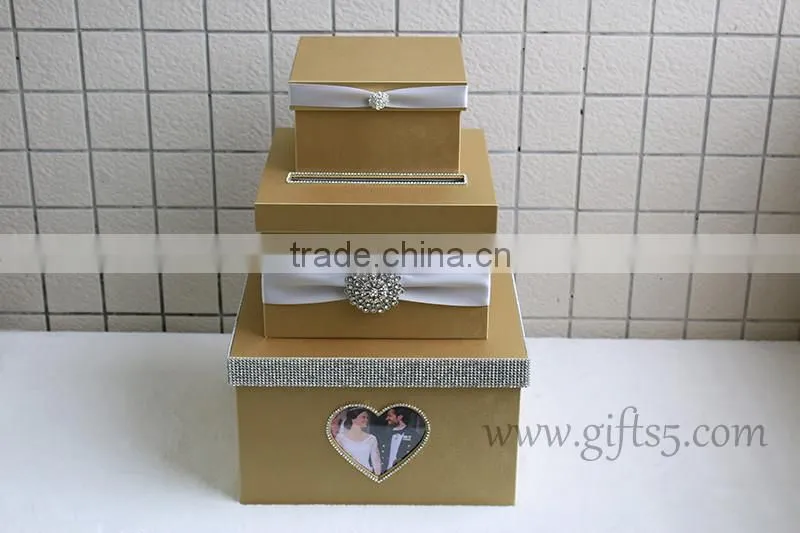 Elegant gold wedding gift card box with rhinestones
