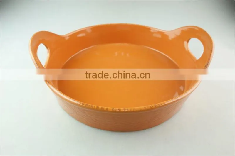 stocklot orange glaze ceramic round bakeware with handles