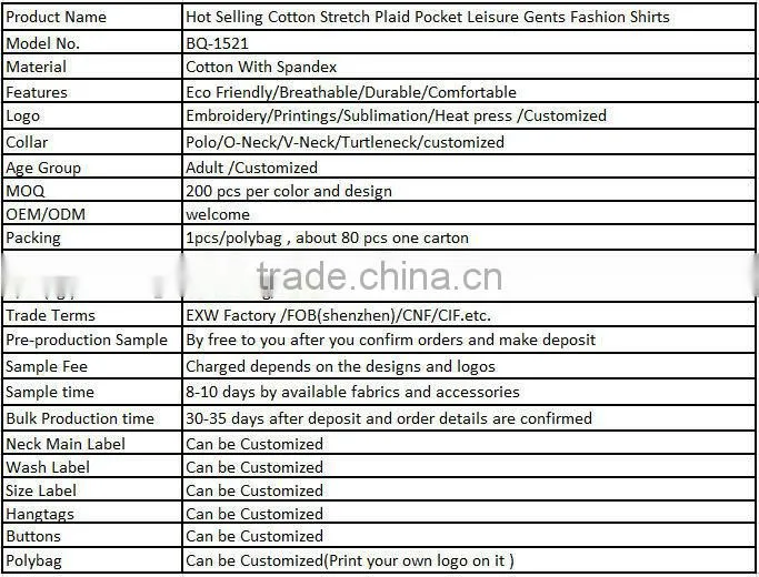 Hot Selling Cotton Stretch Plaid Pocket Leisure Gents Fashion Shirts