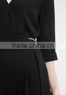 Casual black v-neck with belt one piece suit design trousers