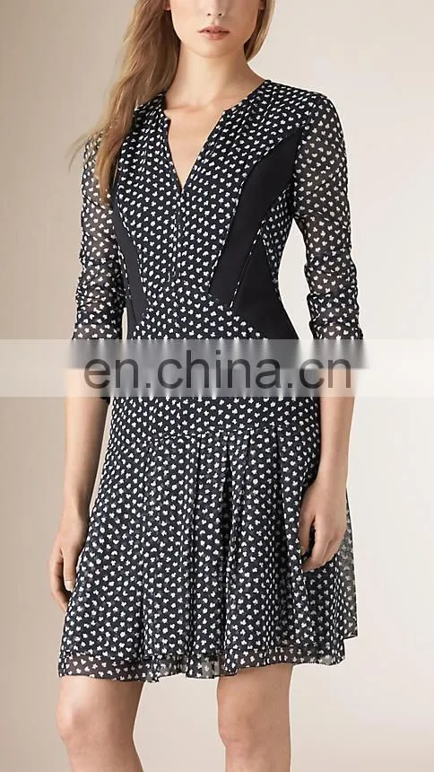 2015 Autumn Women Apparel Long Sleeve Chiffon Pleated A Line Long Sleeve Stretch Wear Black Dress NT6559