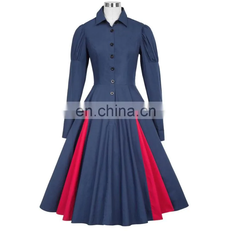 Belle Poque Victorian Style Long Sleeve Shirt Collar Contrast Color Navy Swing Retro Vintage Dress BP000366-3