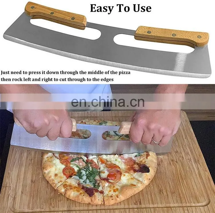 Amazon Hot sell Pizza Cutter Slicer Knife with Double Wooden Handle Stainless Steel Pizza Cutter Pizza Tools