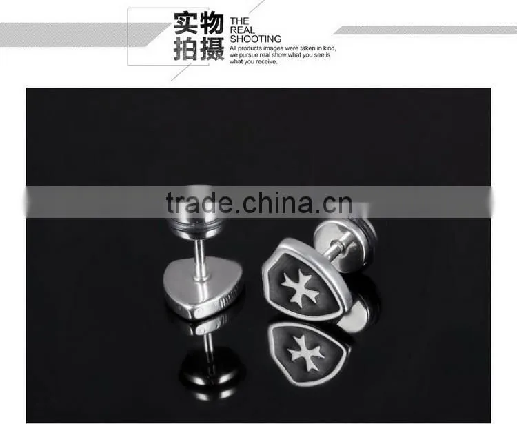 Men's titanium steel stud earrings golden shield cross mini earrings punk style design
