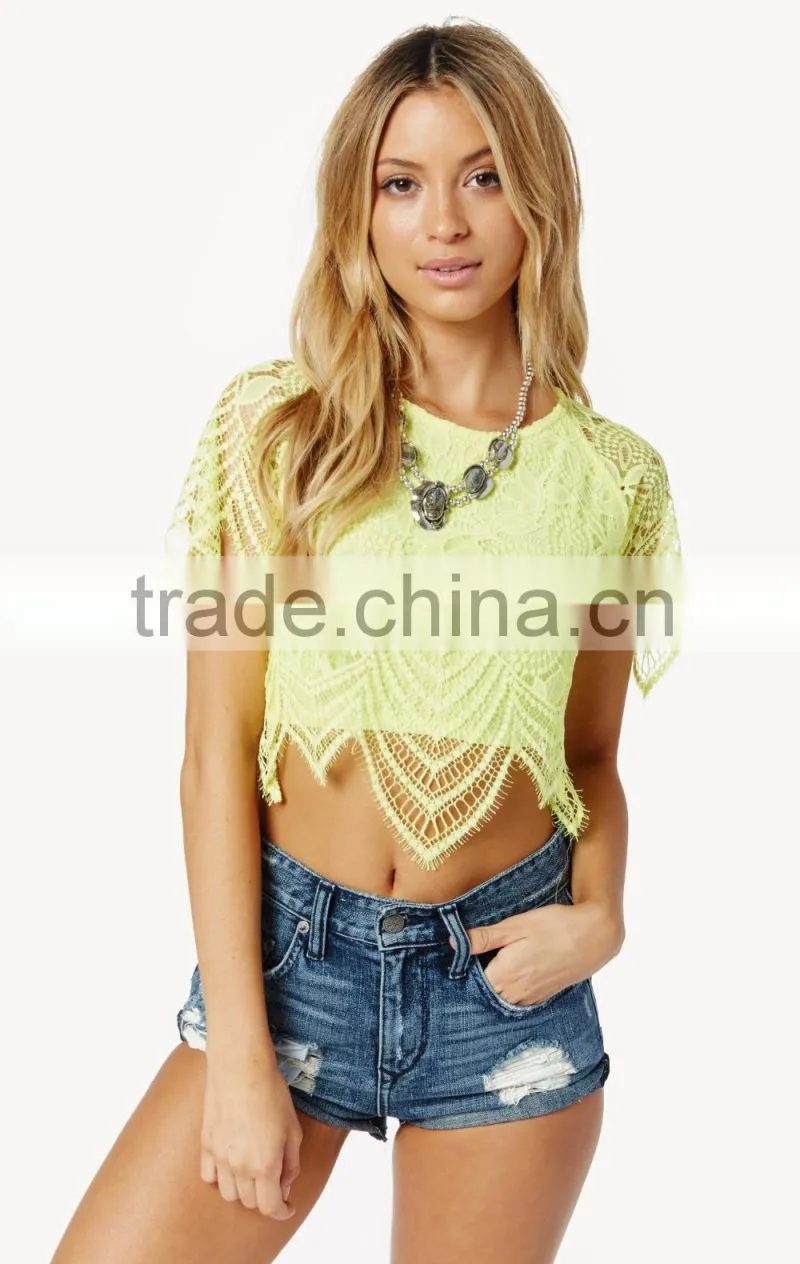 Fancy Ladies Tops Latest Design 2015 Wholesale Neon Lemon Lace Crop Tops for Women