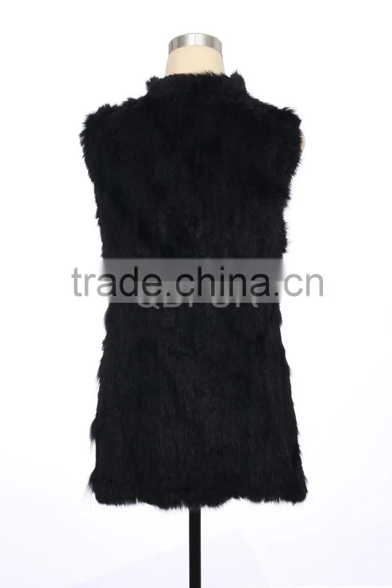 QD30304-5 Womens Sweater Vest of Rabbit Fur Gilet with Raccoon Fur Patchwork Vests
