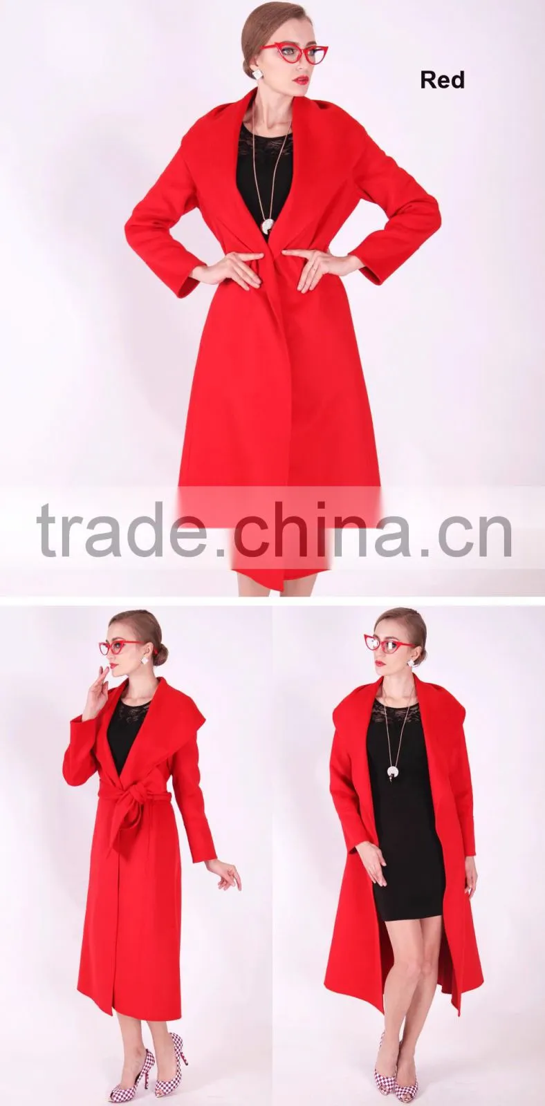 2016 New Design Spring Women Slim Fit Long Wool Coat With Belt