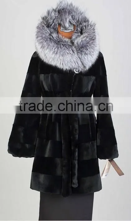 rex14063 100% real black rex rabbit fur coat with fox fur hood