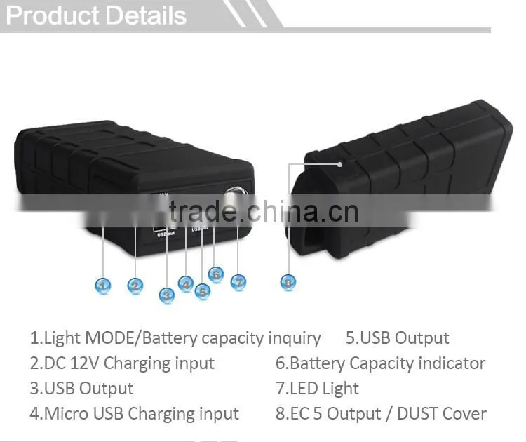 Manufacturer of 12000mAh 12 volt lithium ion battery Ignition Starter emergency jump starter with LED light generator