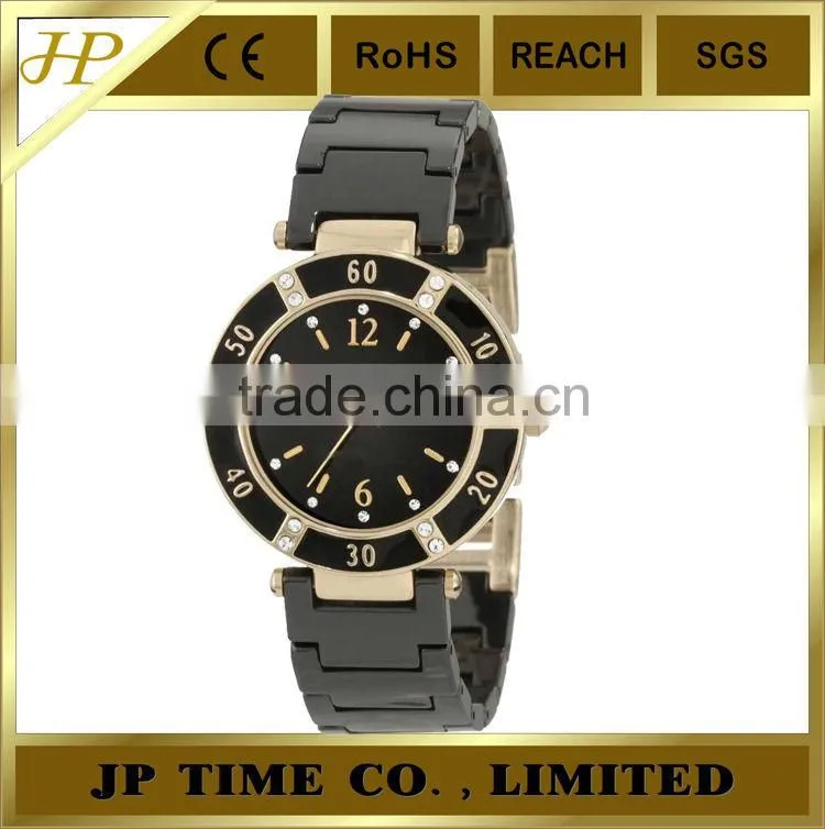 shiny black ceramic 10 ATM water resistant analog quartz sapphire crystal ceramic watch