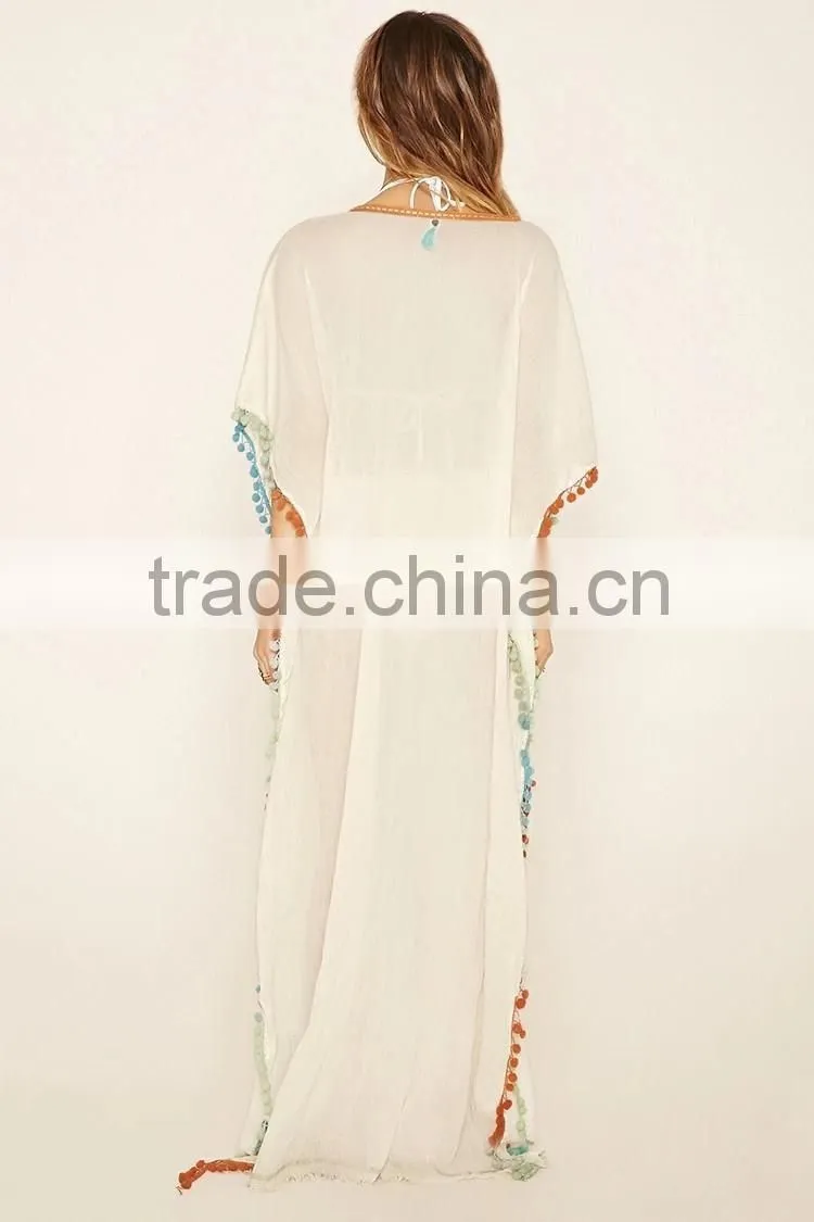 2016 New Style V neck Long Dress Europe Pom-Trim Dress For Women