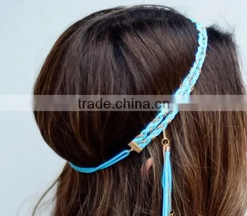Women Girl BOHO Brown Suede Festival Tassels Feather Beach Hair head band Headband