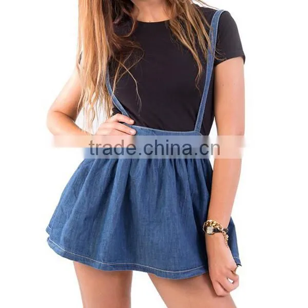 fashion ladies crosshatch denim jeans short women skirt with braces JXQ820