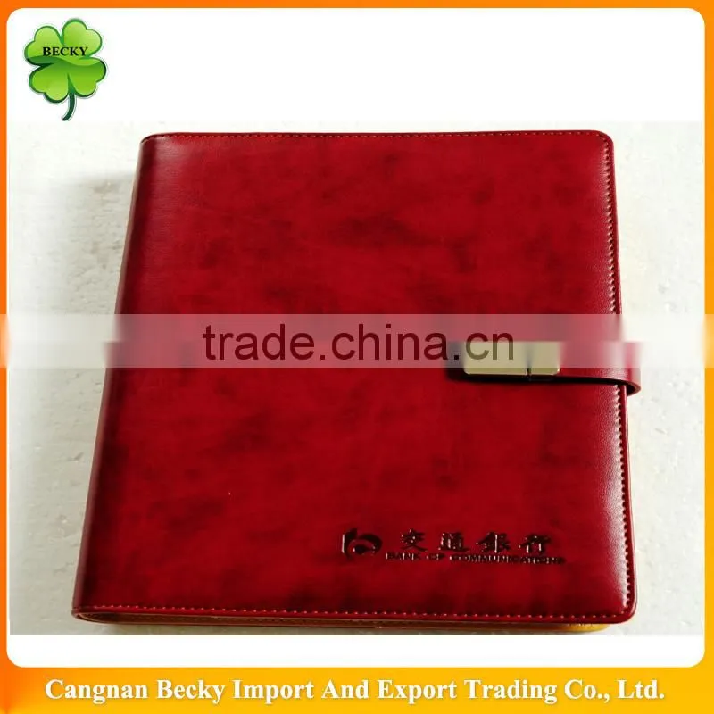 Bank/hotel promotional red imitation leather lock diary/planner with 6-ring binder
