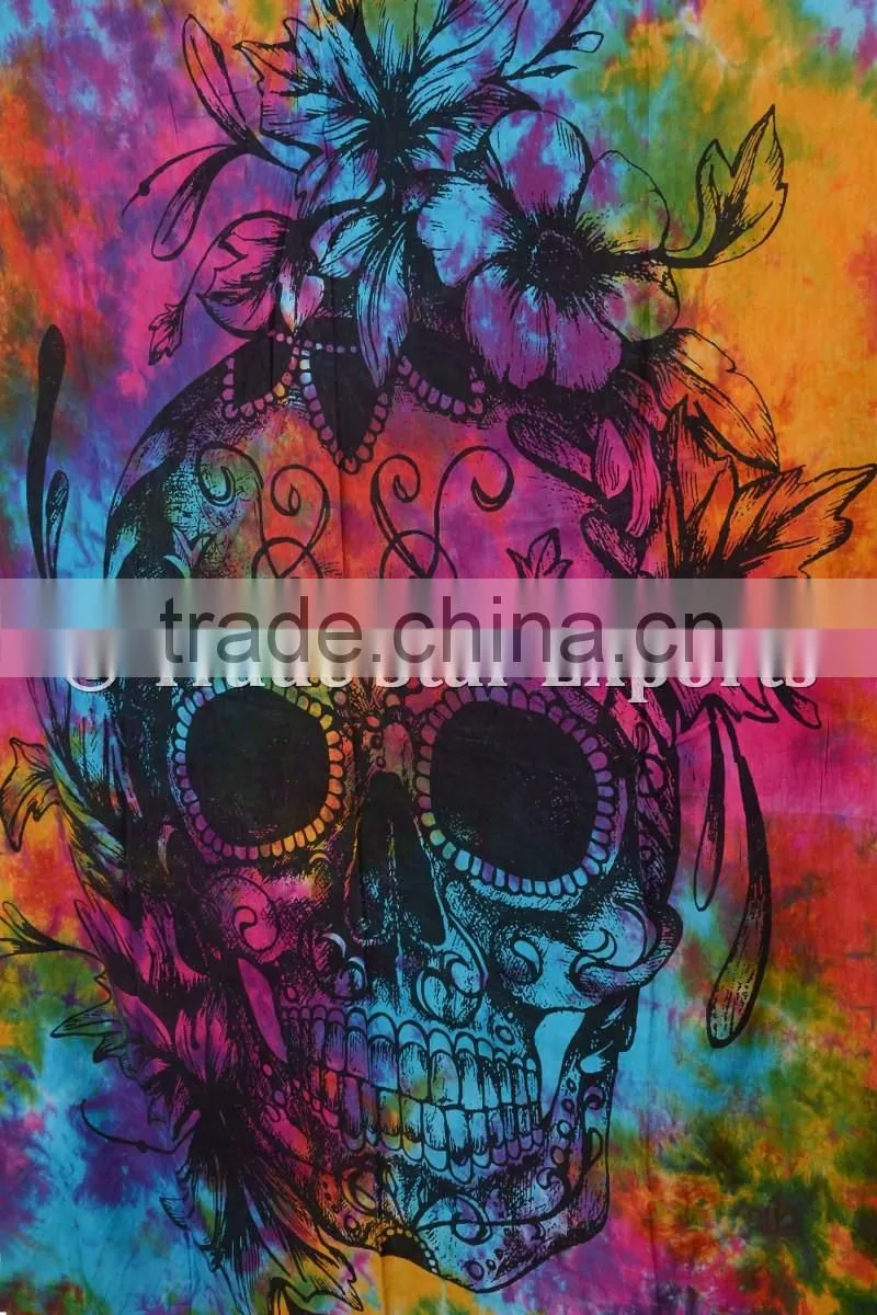 Hippie Twin Skull Tie & Dye Wall Art Boho Cotton Wall Hanging Home Decor Tapestry