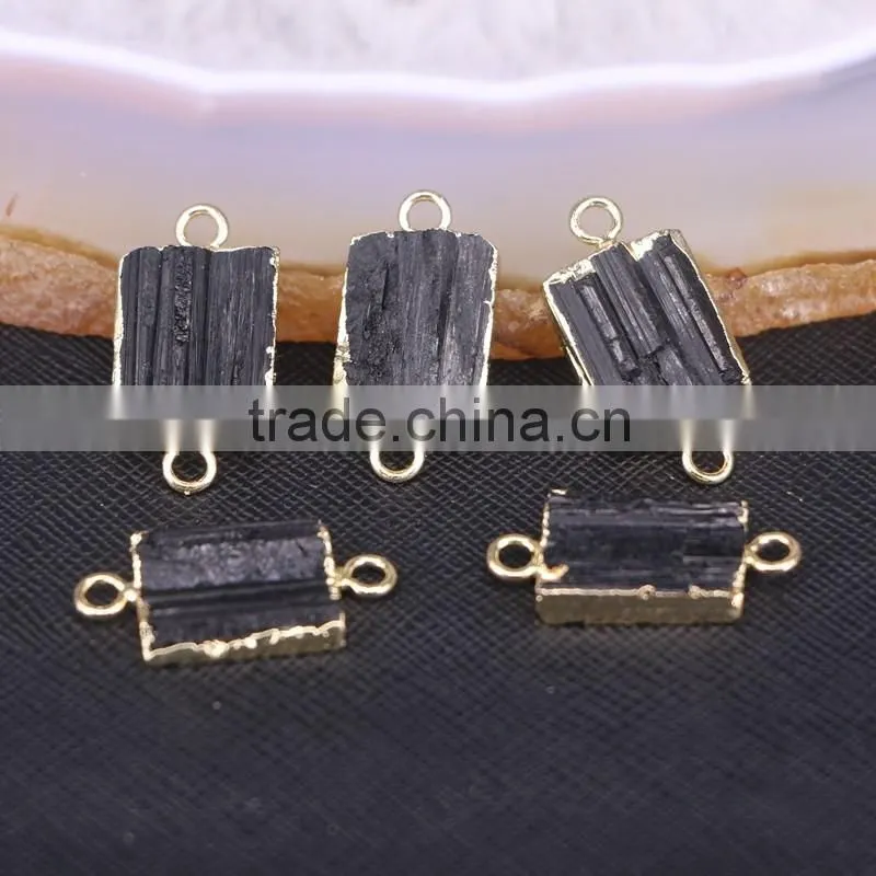 Gold Plated Natural black Tourmaline Druzy Stone Connector Beads For Jewelry Making