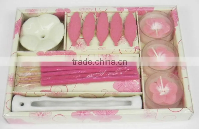 flower tealight candles and incense with incense holder gift set