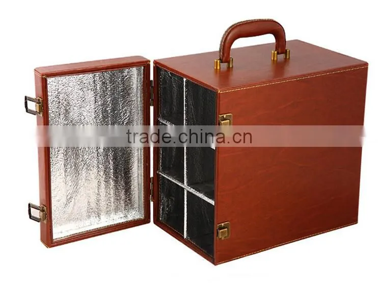 High quality reusable Brown pu leather wine cooler box for 6 bottles / wine gift boxes customized logo printing